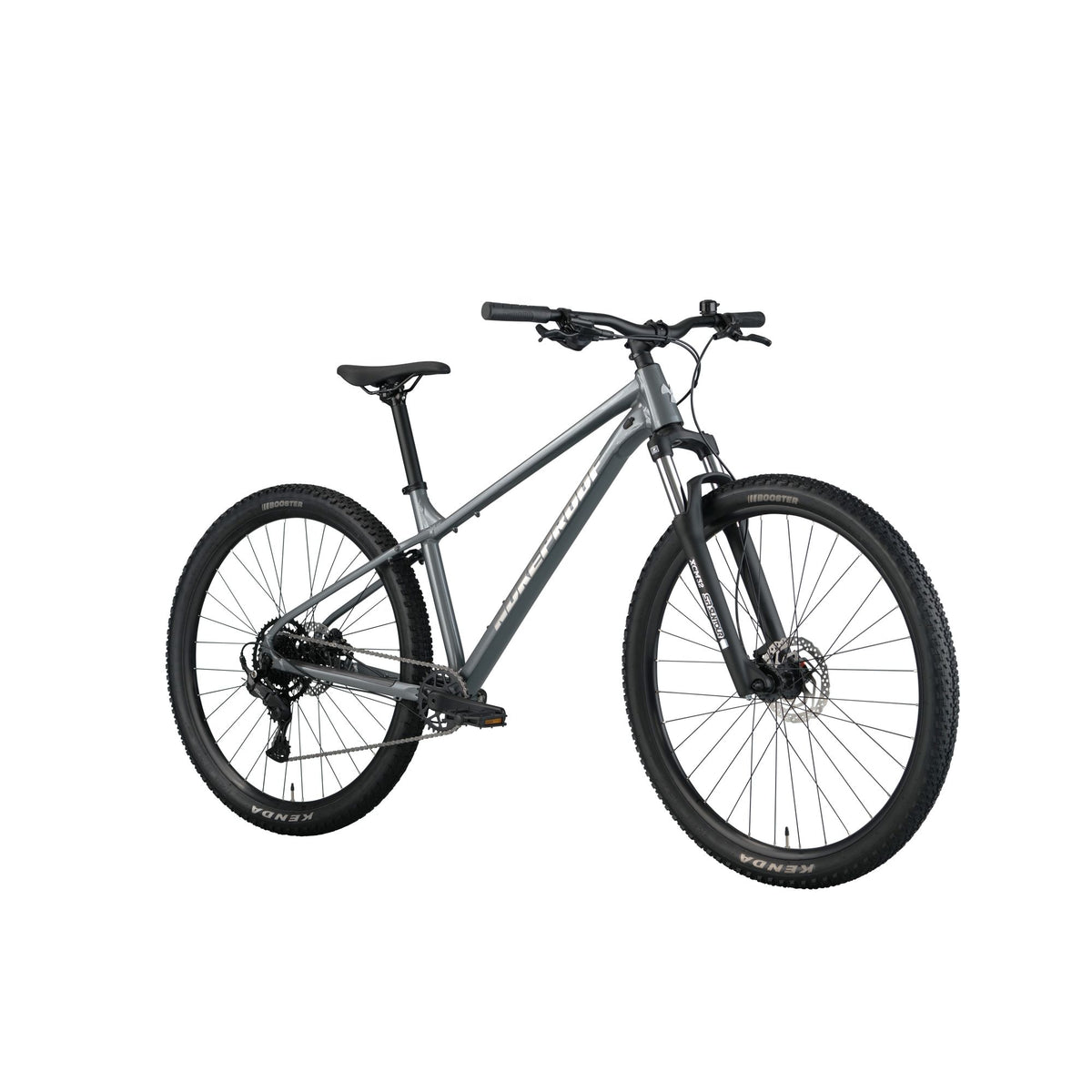 Nukeproof Tracker 290 Race, aluminium framed hardtail mtb race bike, grey coloure frame, side angled profile of bike