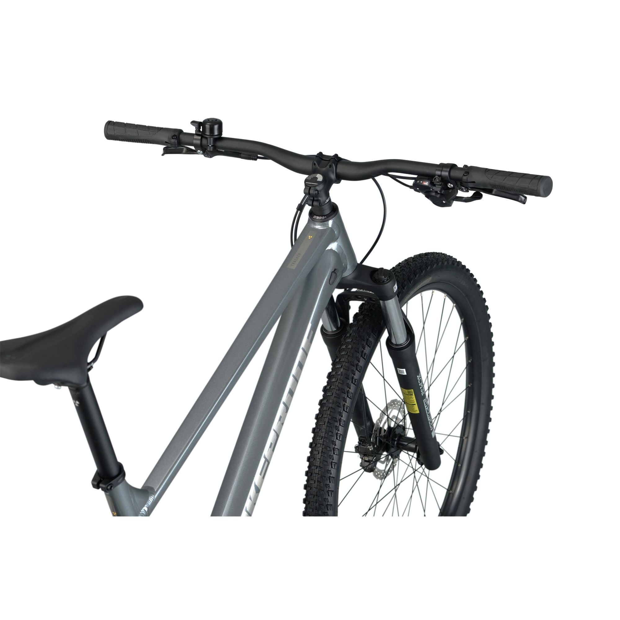 Nukeproof Tracker 290 Race, aluminium framed hardtail mtb race bike, grey coloure frame, back of handlebars