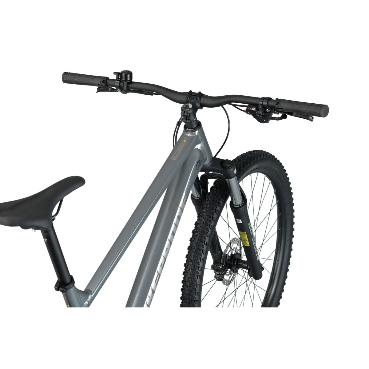 Nukeproof Tracker 290 Race, aluminium framed hardtail mtb race bike, grey coloure frame, back of handlebars