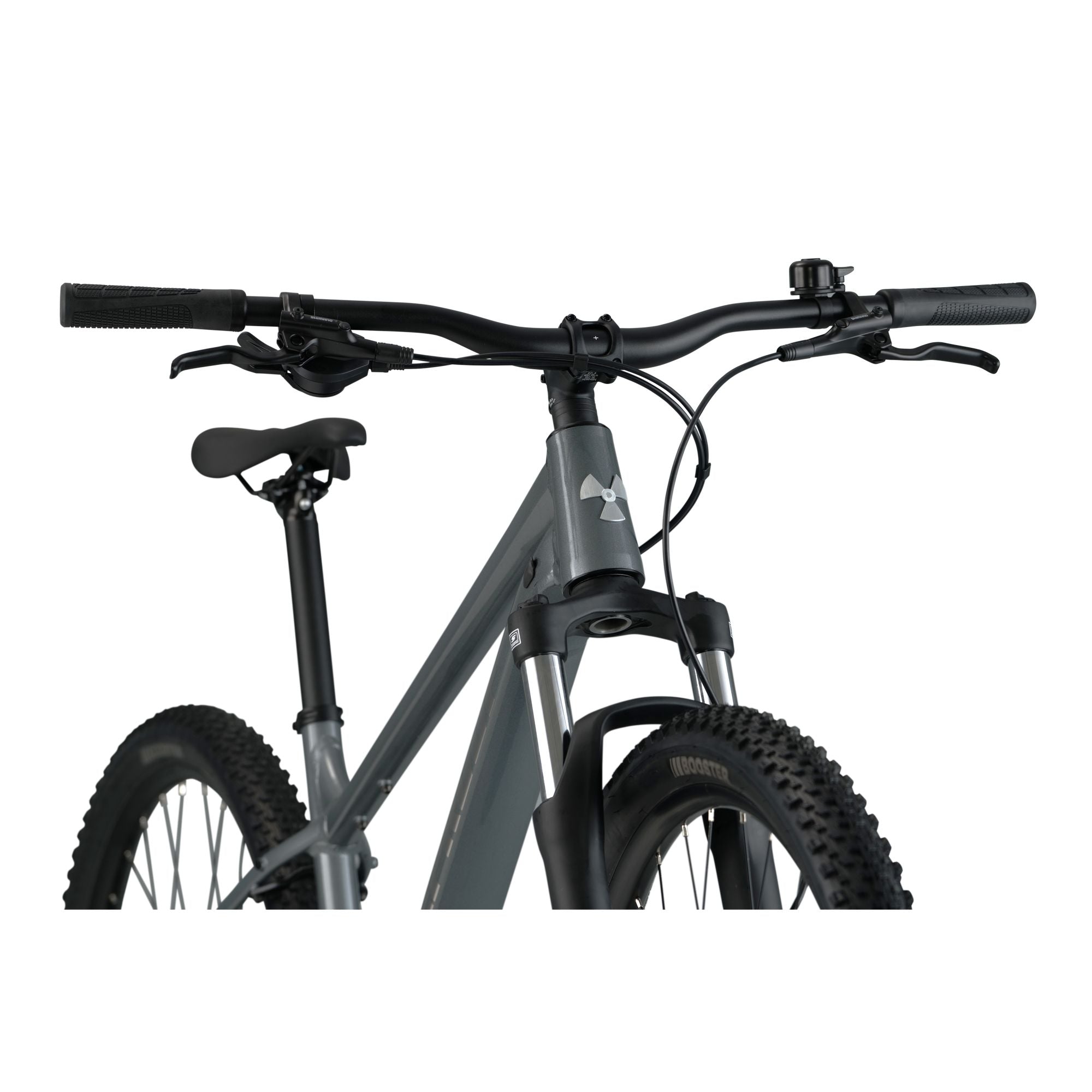 Nukeproof Tracker 290 Race, aluminium framed hardtail mtb race bike, grey coloure frame, front of handlebars
