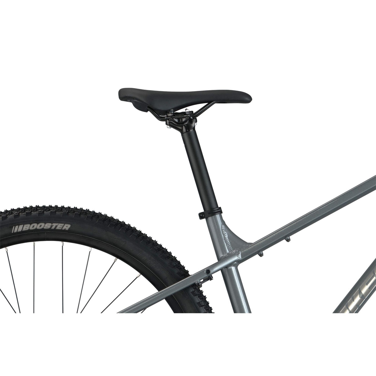 Nukeproof Tracker 290 Race, aluminium framed hardtail mtb race bike, grey coloure frame, saddle of bike