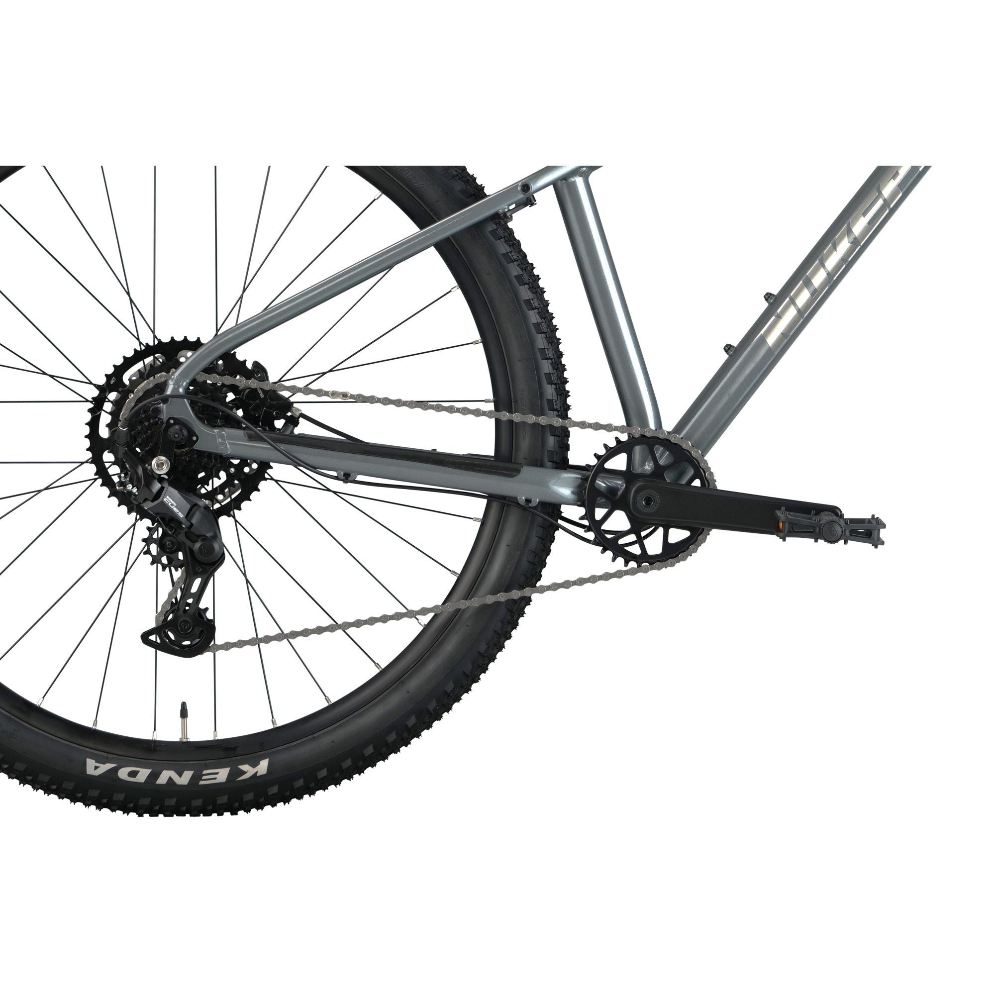 Nukeproof Tracker 290 Race, aluminium framed hardtail mtb race bike, grey coloure frame, close up of chainring