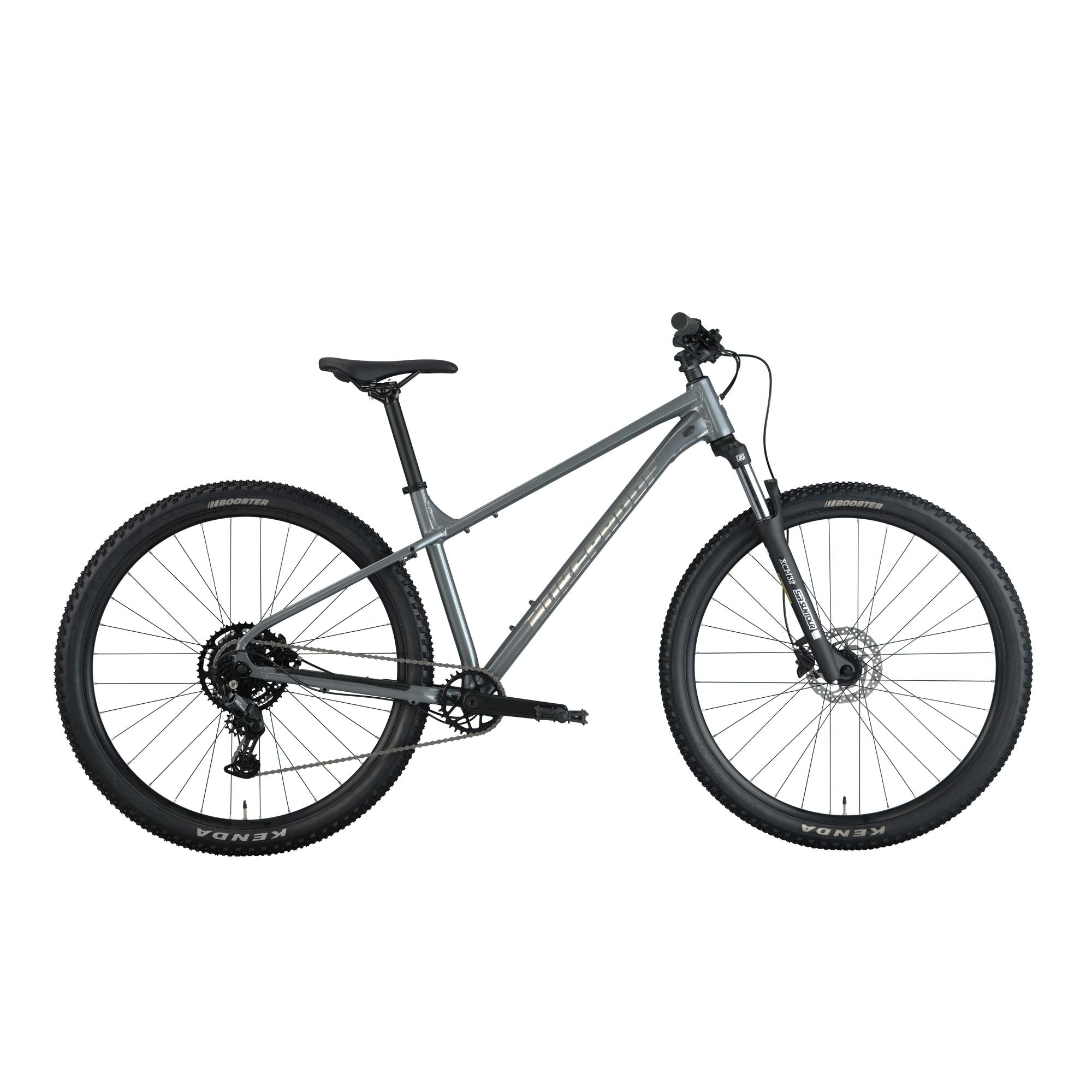 Nukeproof Tracker 290 Race, aluminium framed hardtail mtb race bike, grey coloure frame, side of bike