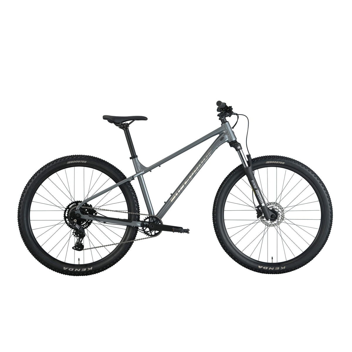 Nukeproof Tracker 290 Race, aluminium framed hardtail mtb race bike, grey coloure frame, side of bike