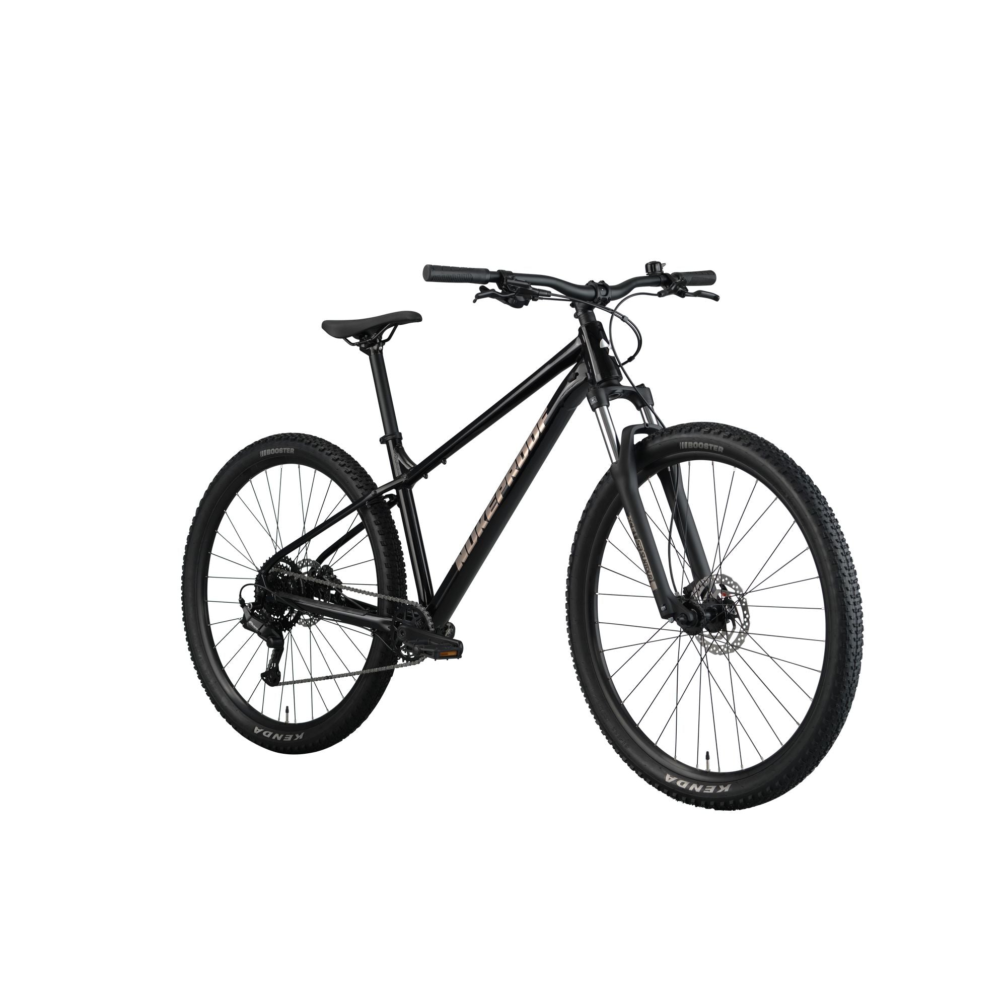 Nukeproof Tracker Sport, aluminum frame hardtail mountain bike, black frame, front side angle of bike