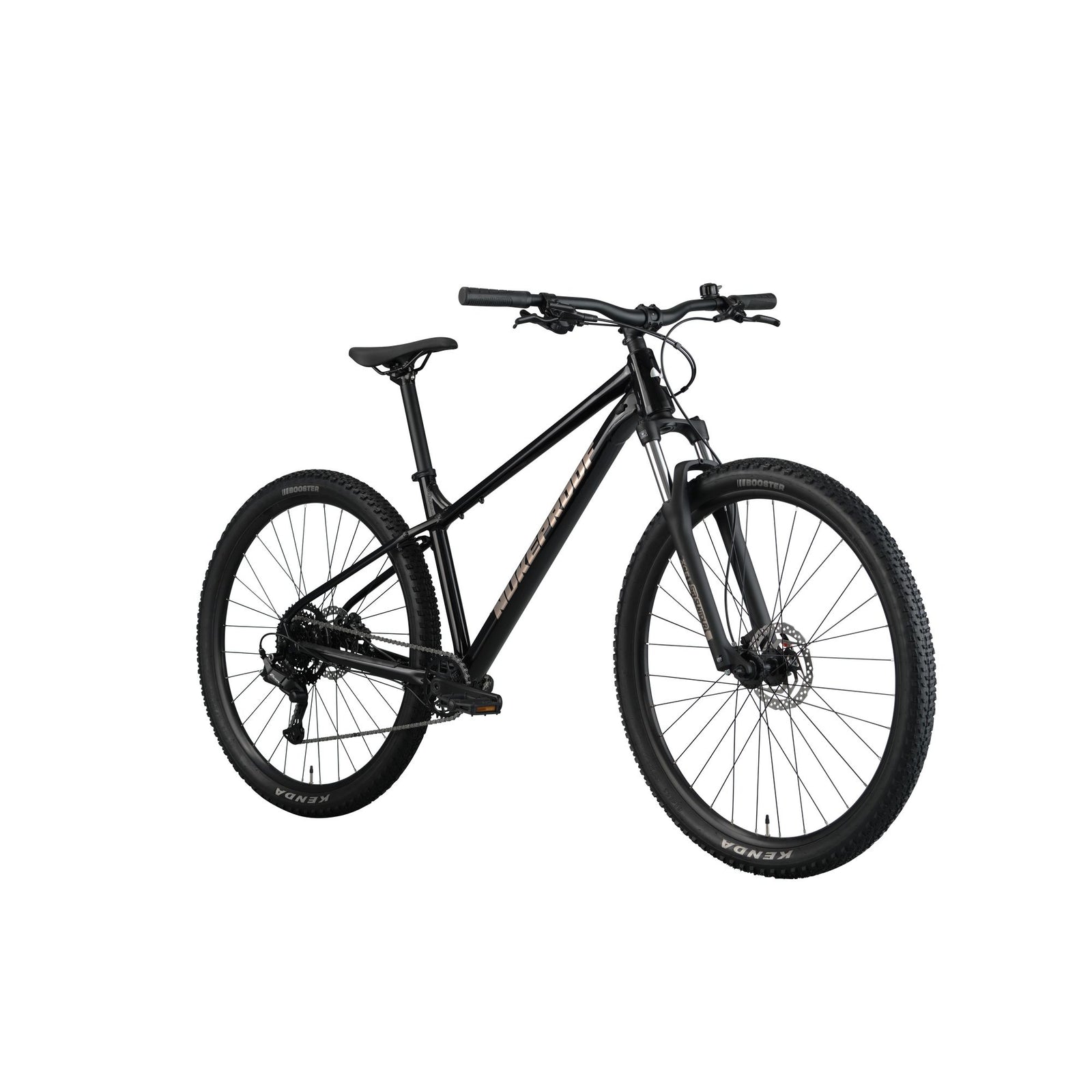 Nukeproof Tracker Sport, aluminum frame hardtail mountain bike, black frame, front side angle of bike