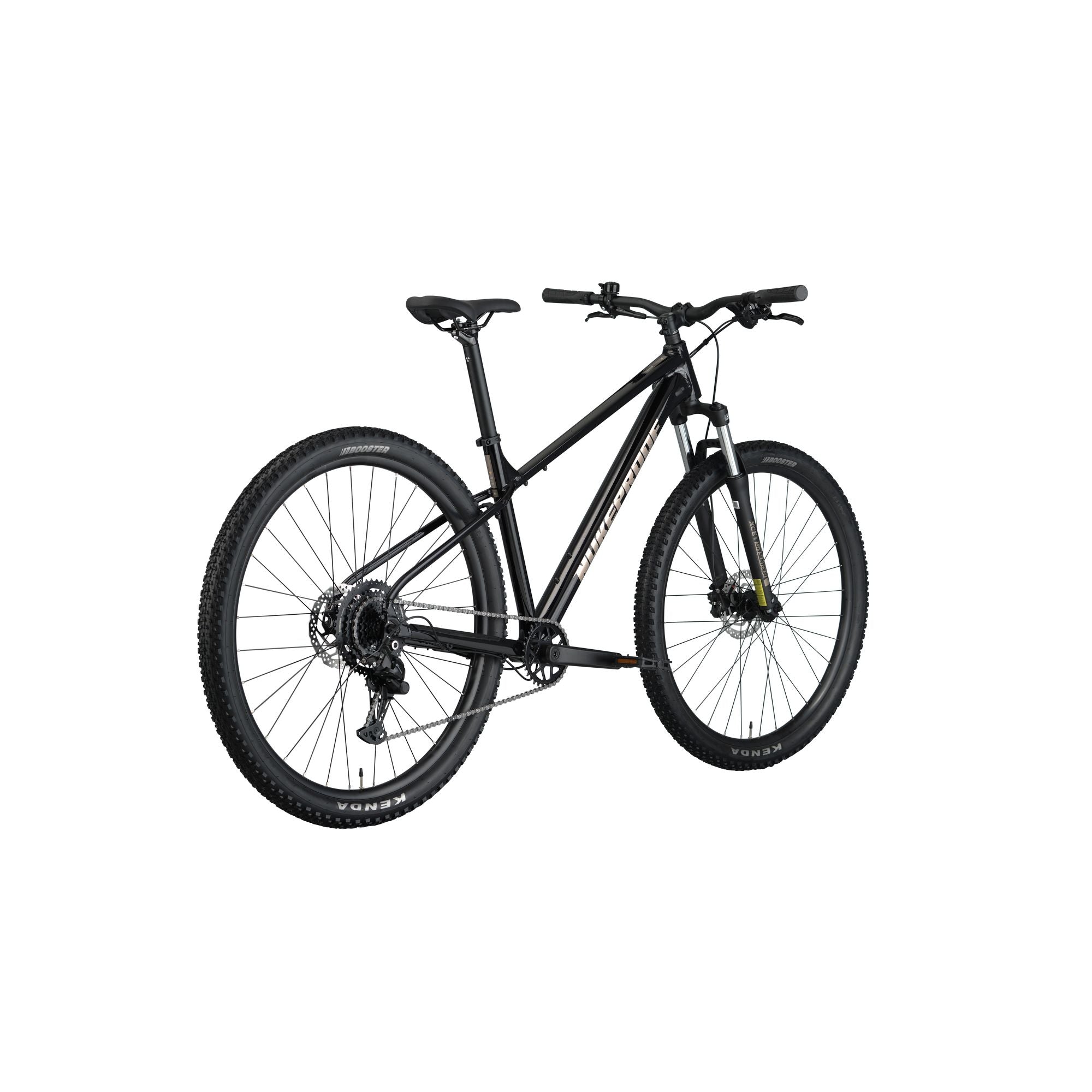Nukeproof Tracker Sport, aluminum frame hardtail mountain bike, black frame, back angle of bike