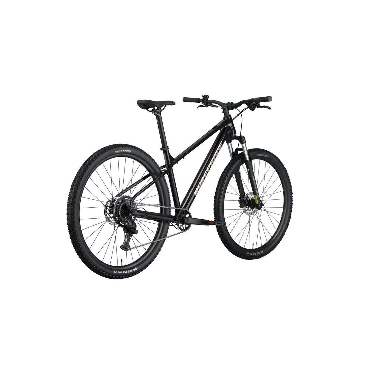 Nukeproof Tracker Sport, aluminum frame hardtail mountain bike, black frame, back angle of bike