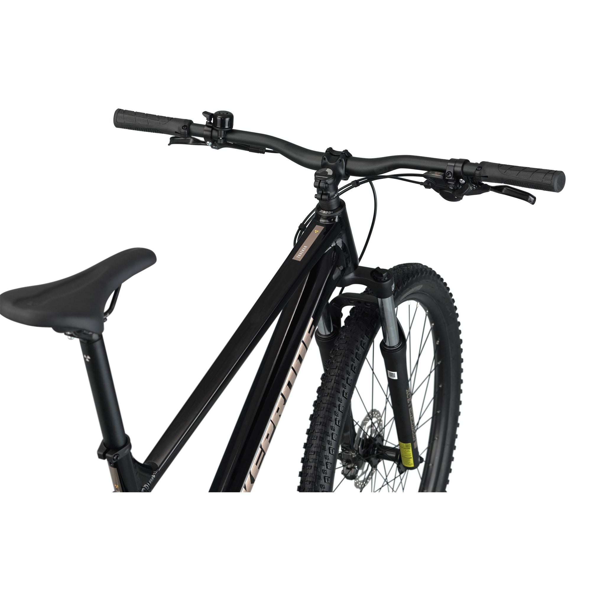 Nukeproof Tracker Sport, aluminum frame hardtail mountain bike, black frame, back angle of bike
