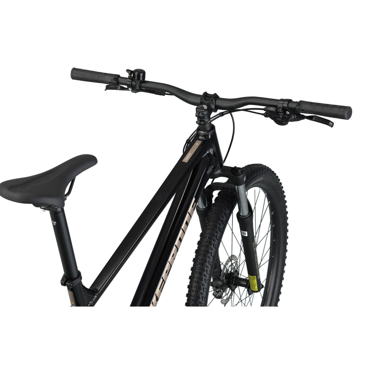 Nukeproof Tracker Sport, aluminum frame hardtail mountain bike, black frame, back angle of bike