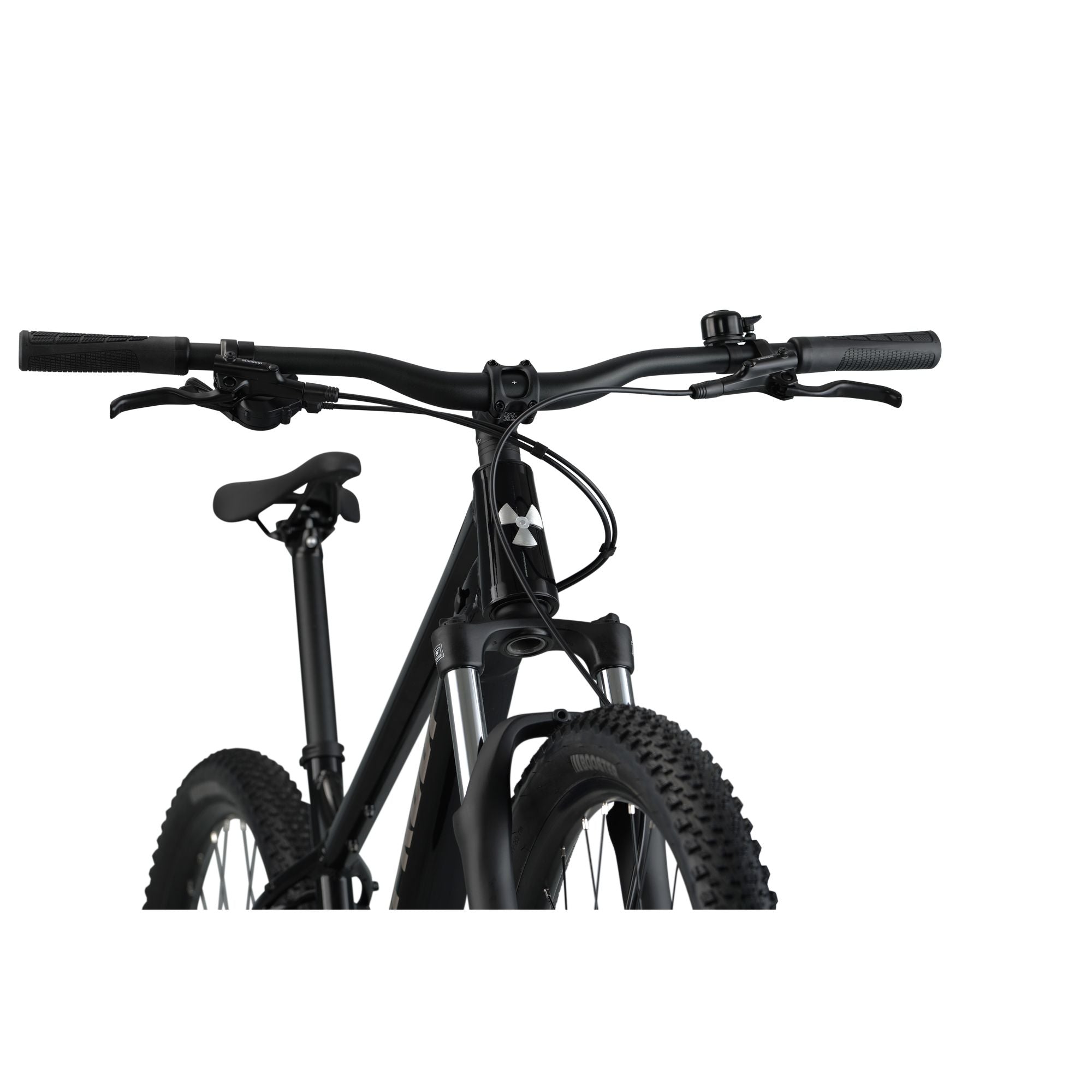 Nukeproof Tracker Sport, aluminum frame hardtail mountain bike, black frame, front handlebars of bike