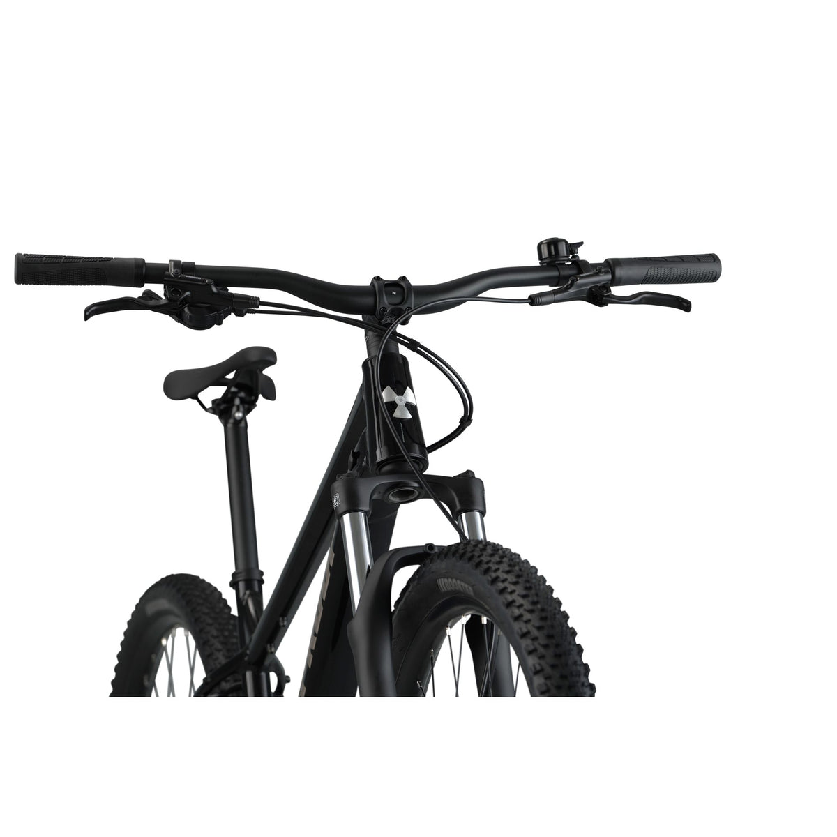 Nukeproof Tracker Sport, aluminum frame hardtail mountain bike, black frame, front handlebars of bike