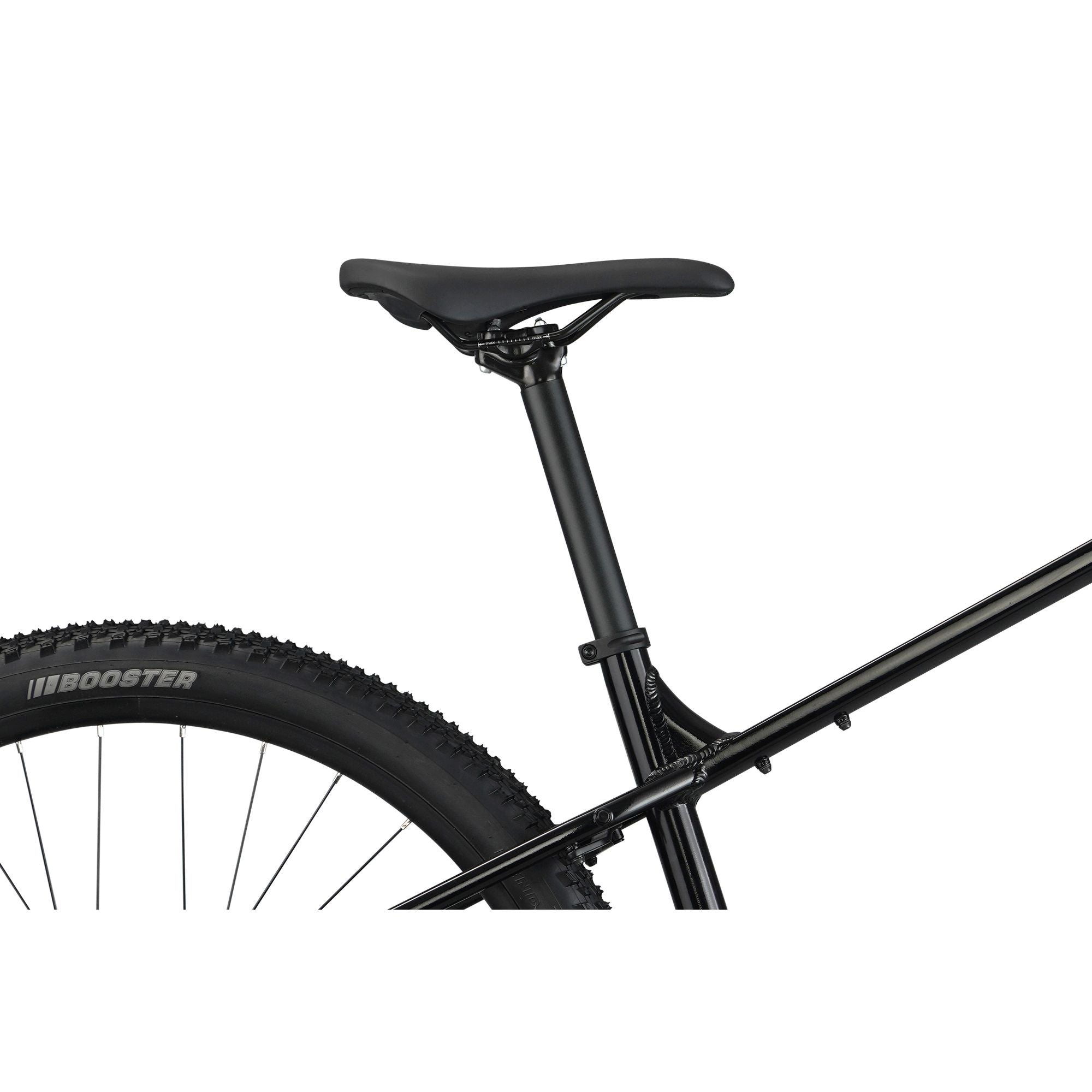 Nukeproof Tracker Sport, aluminum frame hardtail mountain bike, black frame, close up of saddle