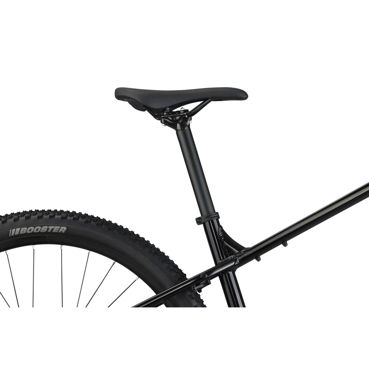 Nukeproof Tracker Sport, aluminum frame hardtail mountain bike, black frame, close up of saddle