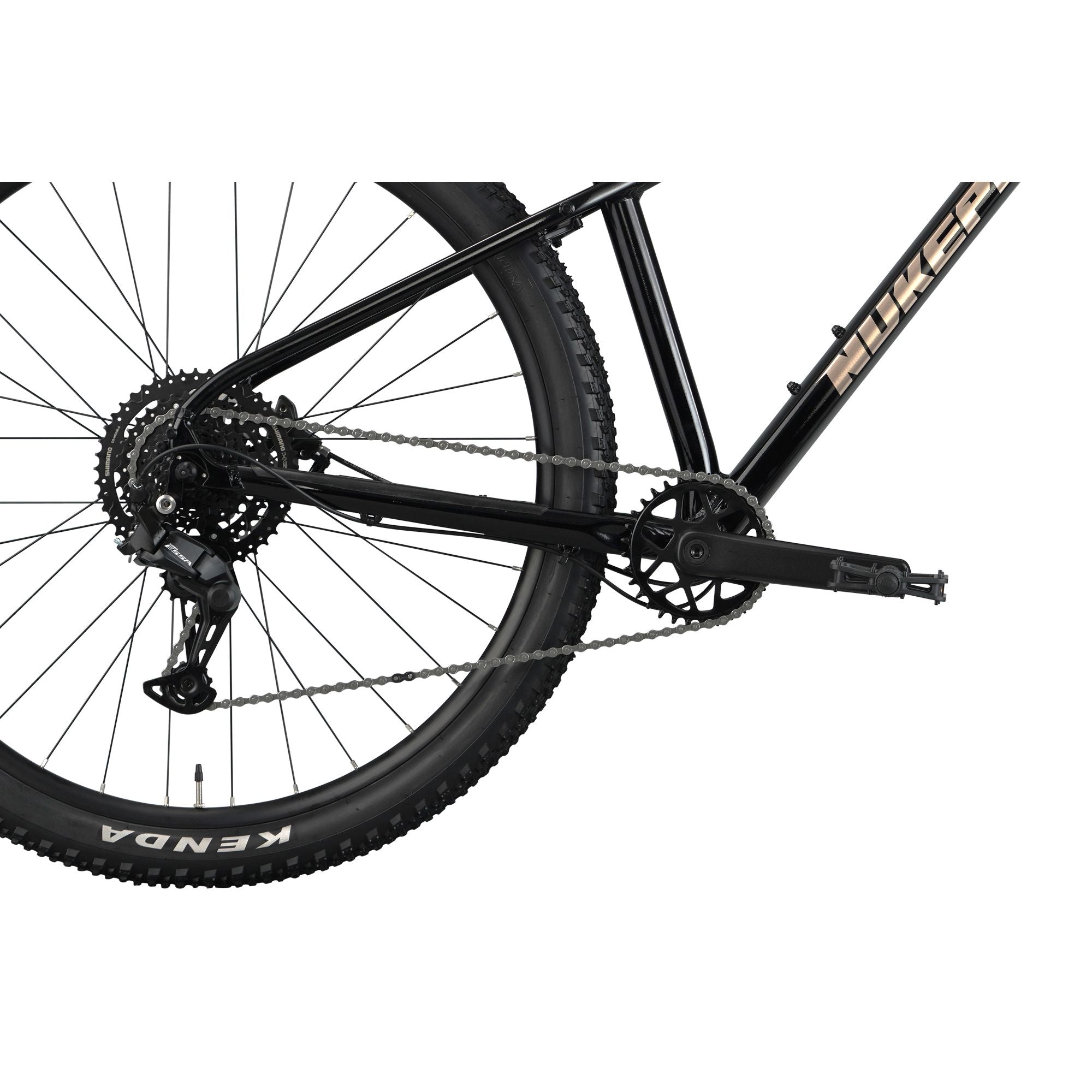 Nukeproof Tracker Sport, aluminum frame hardtail mountain bike, black frame, close up of drivetrain