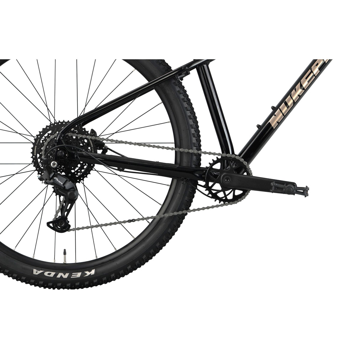 Nukeproof Tracker Sport, aluminum frame hardtail mountain bike, black frame, close up of drivetrain