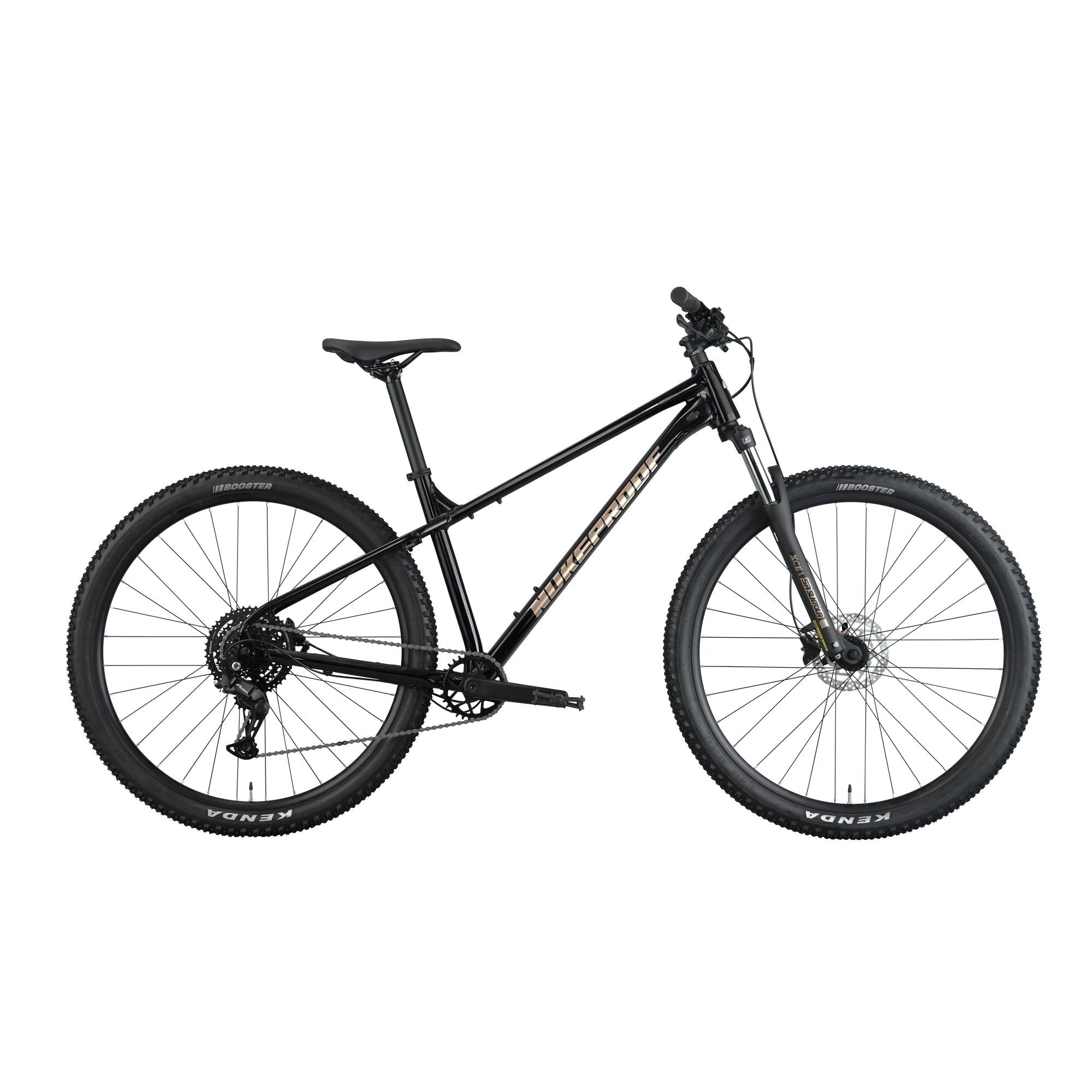 Nukeproof Tracker Sport, aluminum frame hardtail mountain bike, black frame, side profile of bike