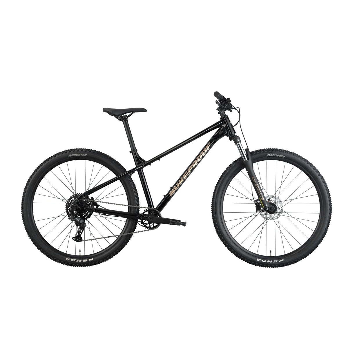 Nukeproof Tracker Sport, aluminum frame hardtail mountain bike, black frame, side profile of bike