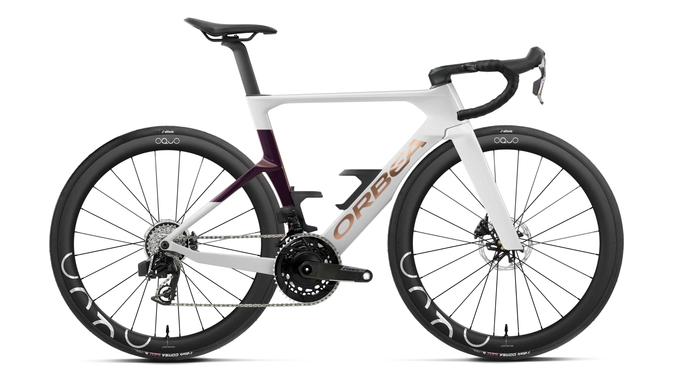 Orbea Orca Aero M21e Ltd road bike in white with gold trim