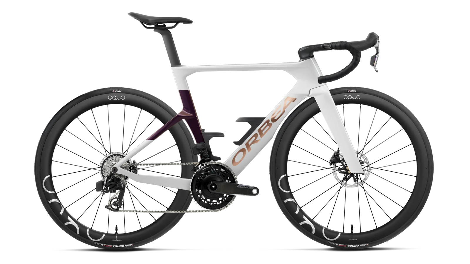 Orbea Orca Aero M21e Ltd road bike in white with gold trim