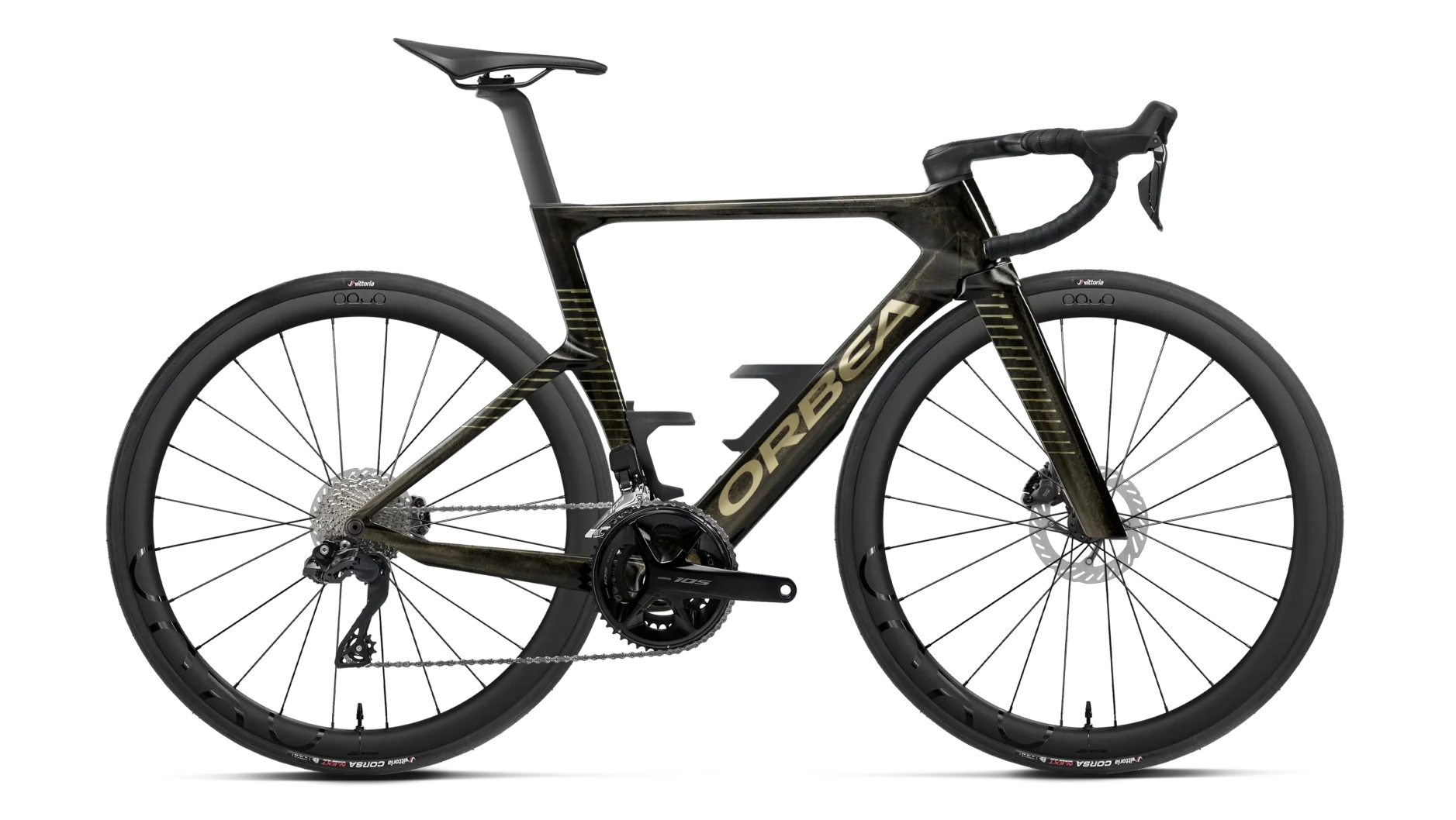 Orbea Orca Aero M30i Ltd road racing bike, side profile, in black with gold detailing