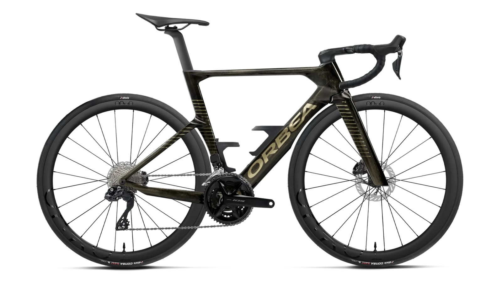 Orbea Orca Aero M30i Ltd road racing bike, side profile, in black with gold detailing