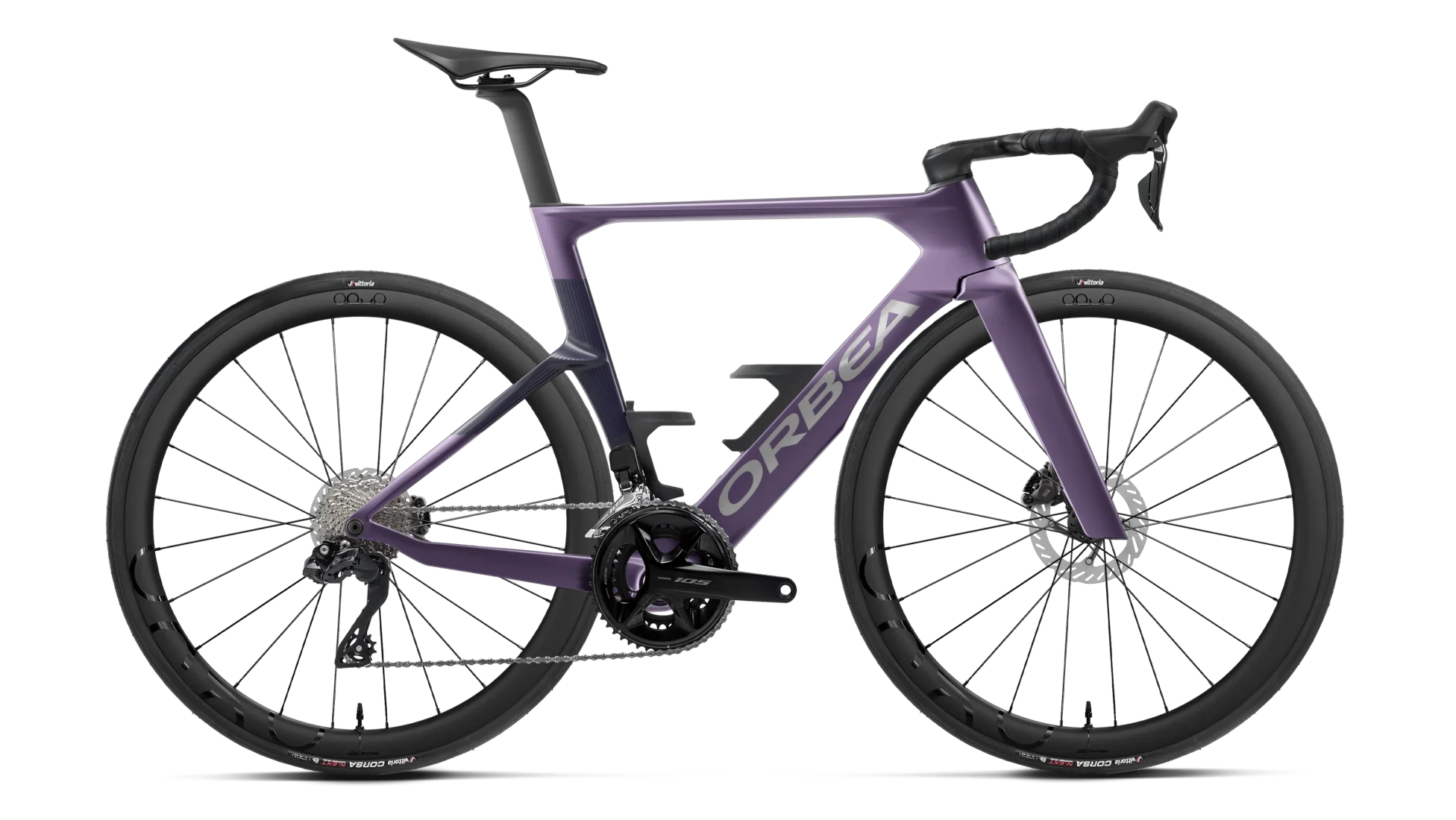 Orbea Orca Aero M30i Ltd road racing bike, side profile, in purple