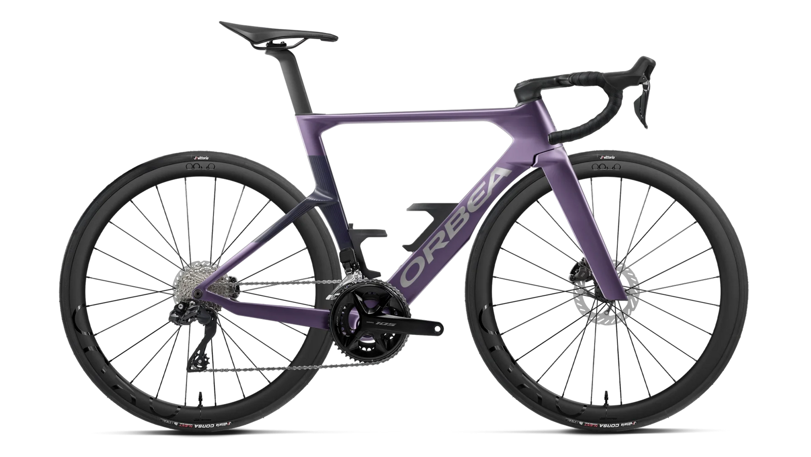 Orbea Orca Aero M30i Ltd road racing bike, side profile, in purple