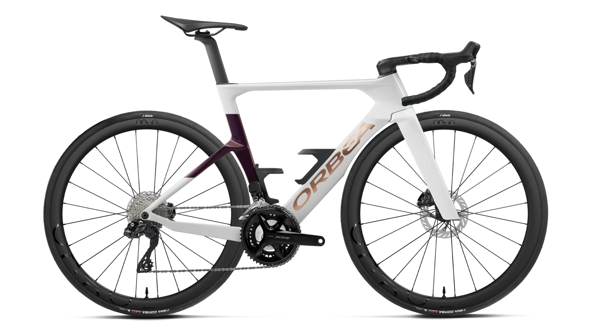 Orbea Orca Aero M30i Ltd road racing bike, side profile, in white with wine detailing