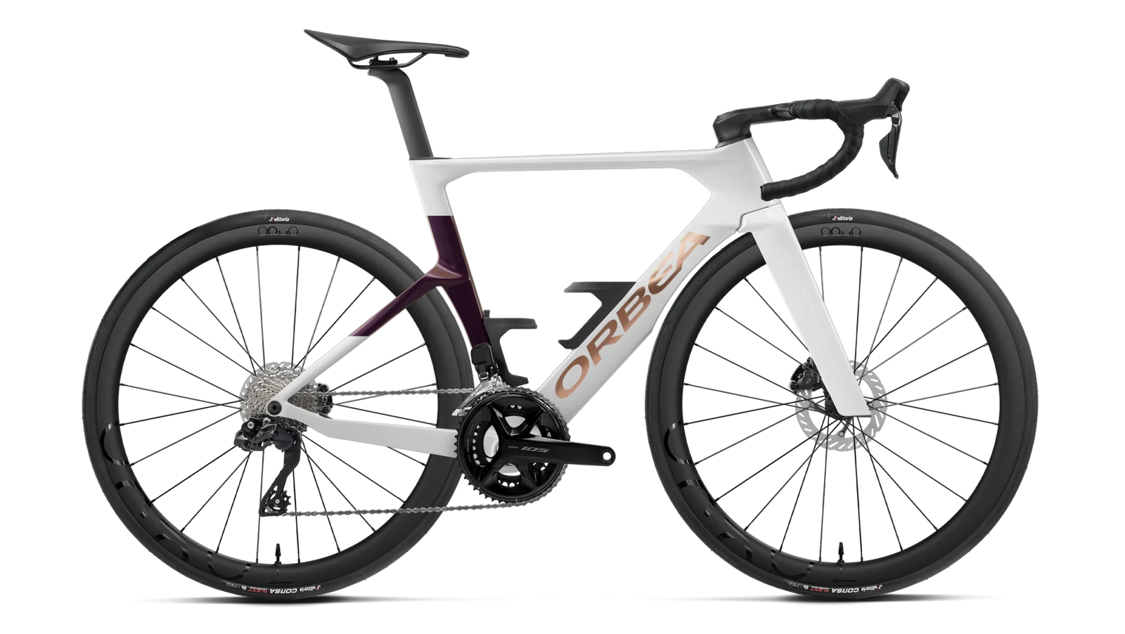 Orbea Orca Aero M30i Ltd road racing bike, side profile, in white with wine detailing