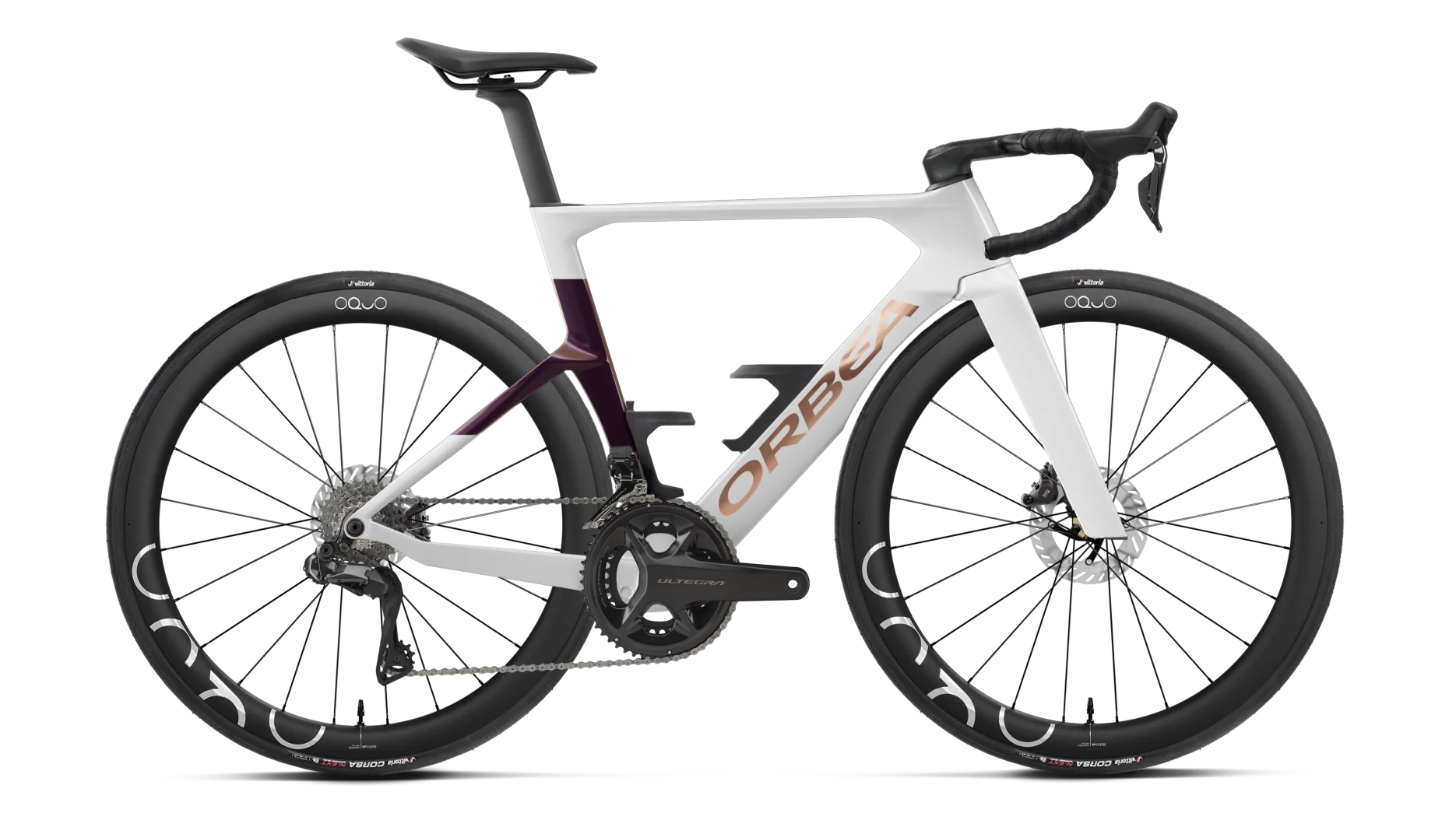 Orbea Orca Aero racing bike in white with plum and gold detail
