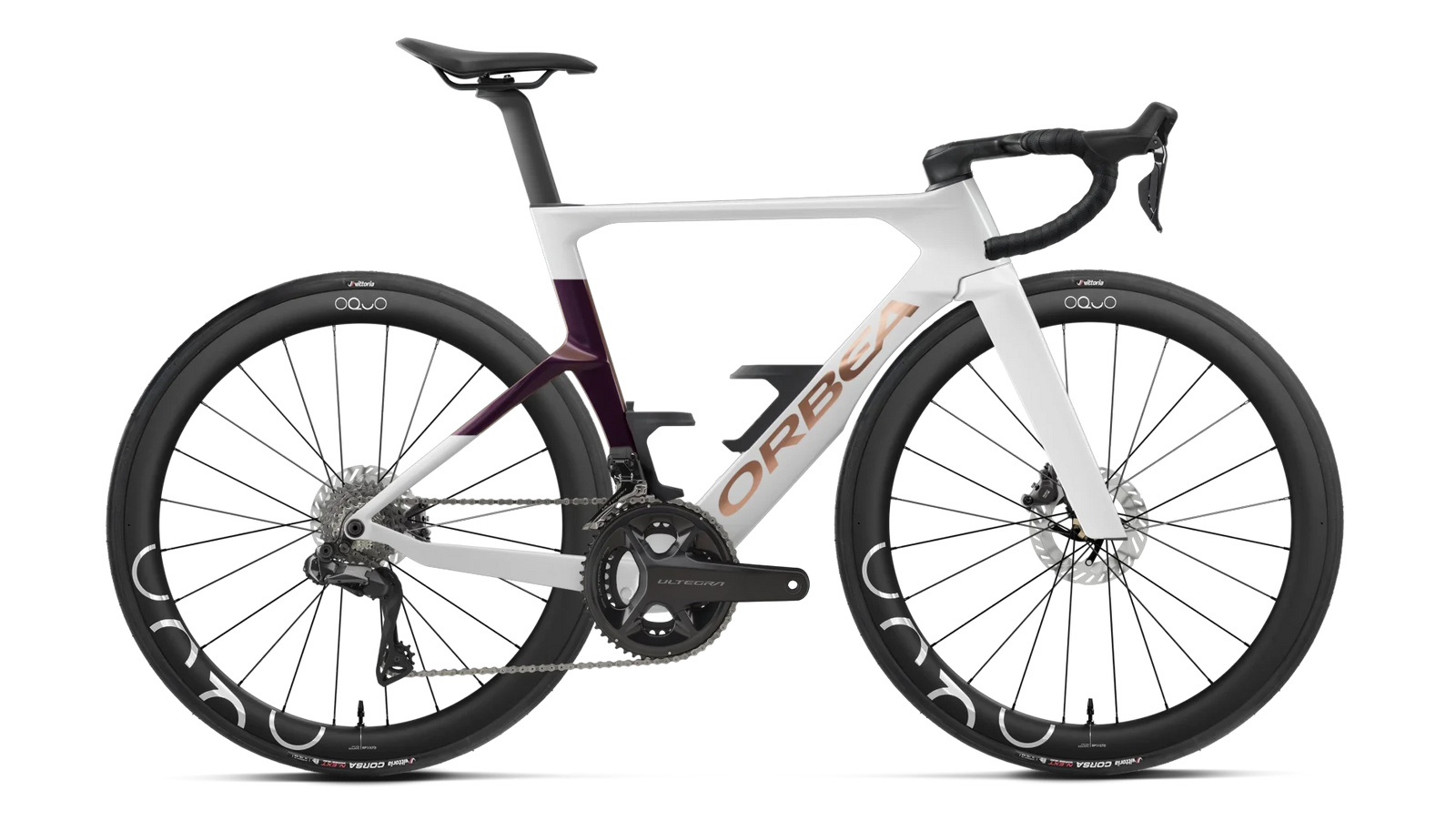 Orbea Orca Aero racing bike in white with plum and gold detail
