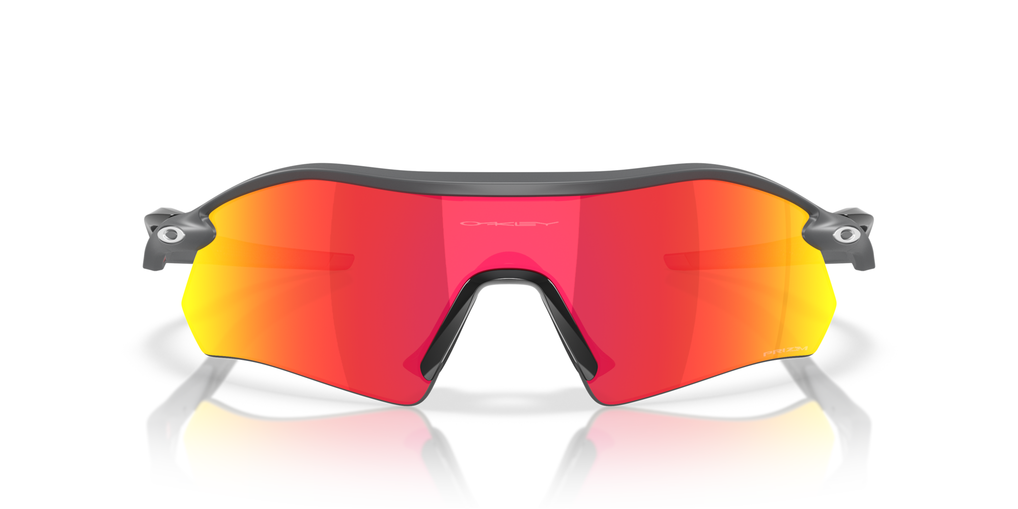 Oakley radar plate prizm ruby lenses matte carbon frame close up front view