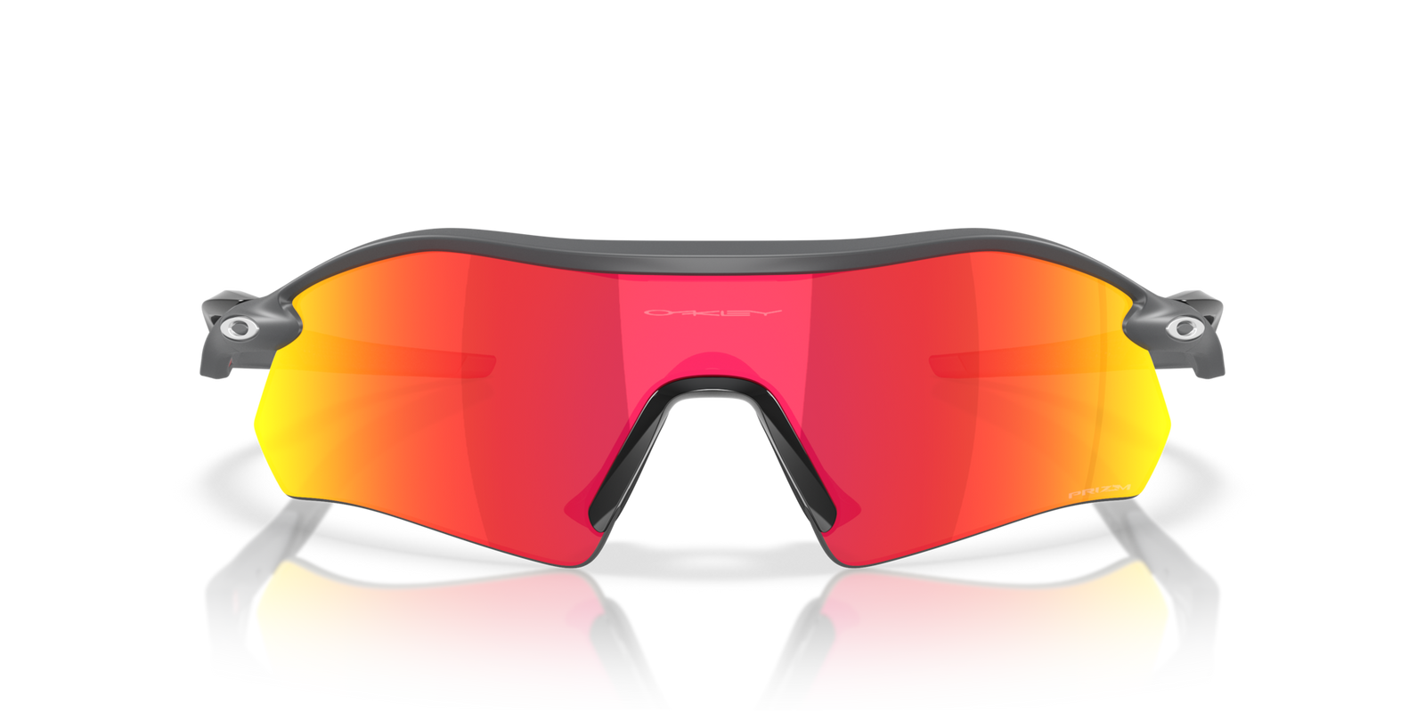 Oakley radar plate prizm ruby lenses matte carbon frame close up front view