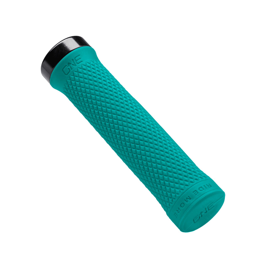 Oneup components lock-on grips, bicycle grips for mountain and road bikes, front view in a turquoise colour