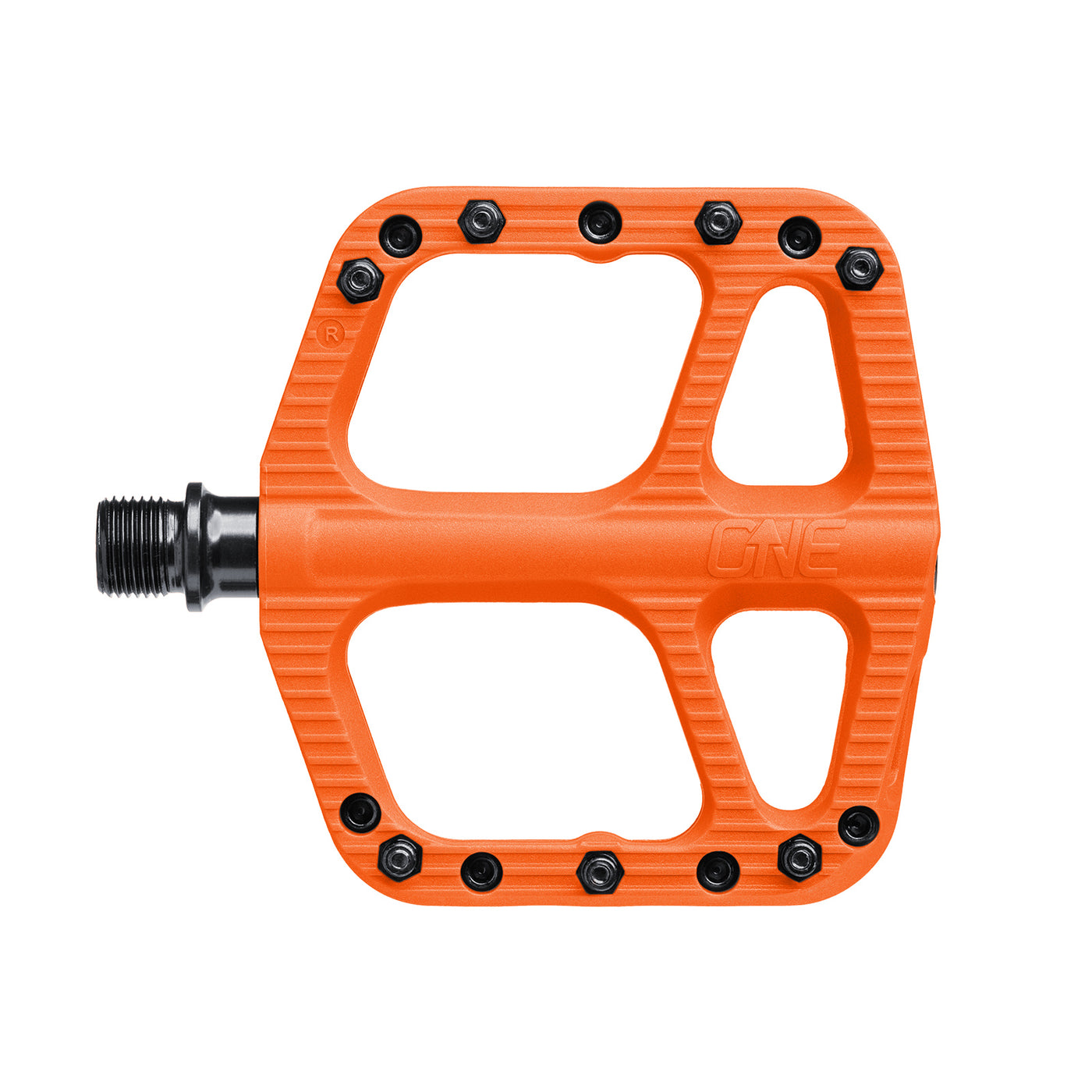 one up small comp pedals, orange bike pedal, side of pedal