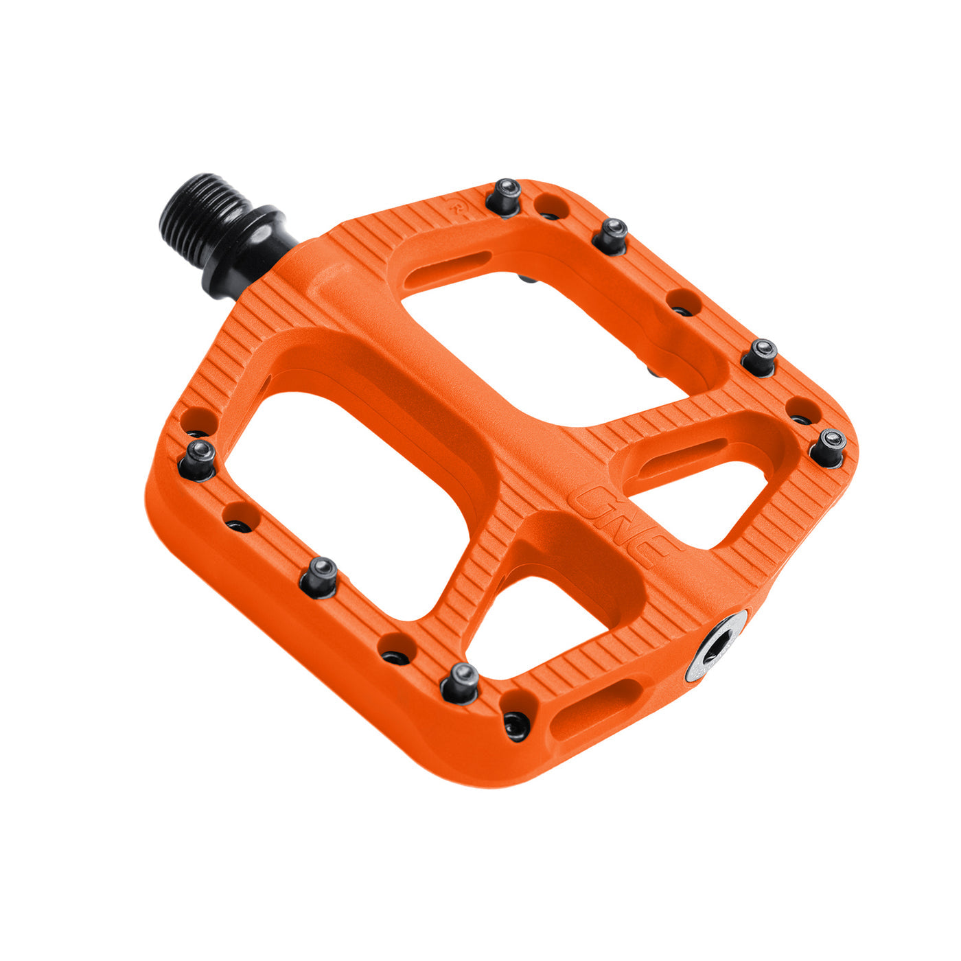one up small comp pedals, orange bike pedal, side of pedal