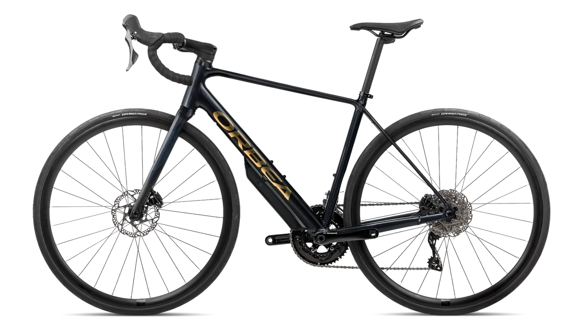 Orbea Avant H30 road bike in black diamond colour with gold trim