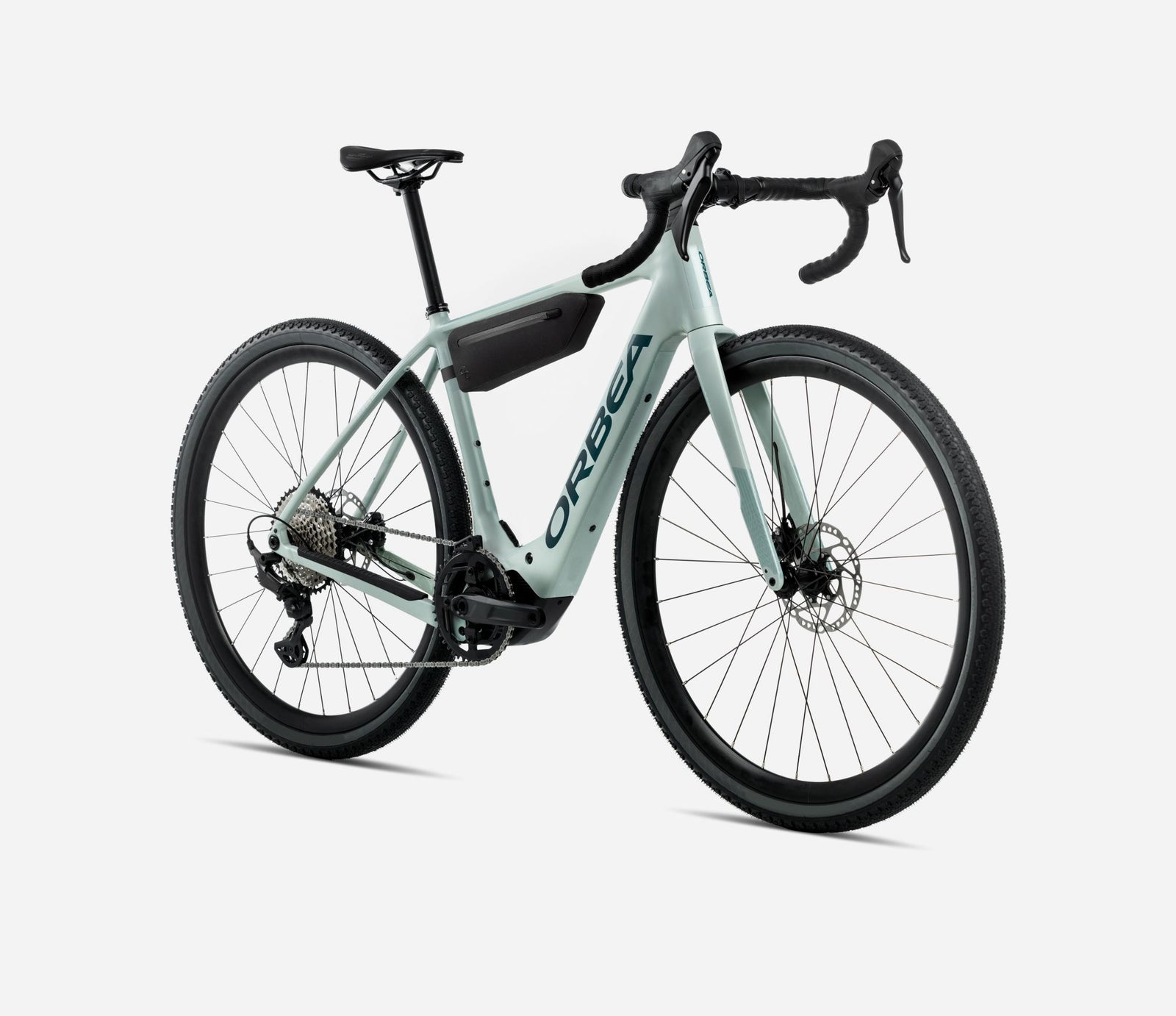 Orbea Denna H40 electric gravel bike in blue stone colour with bag on frame