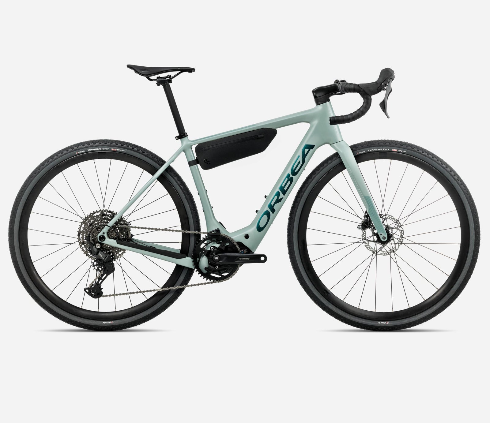 Orbea Denna H40 electric gravel bike in blue stone colour, bag on frame