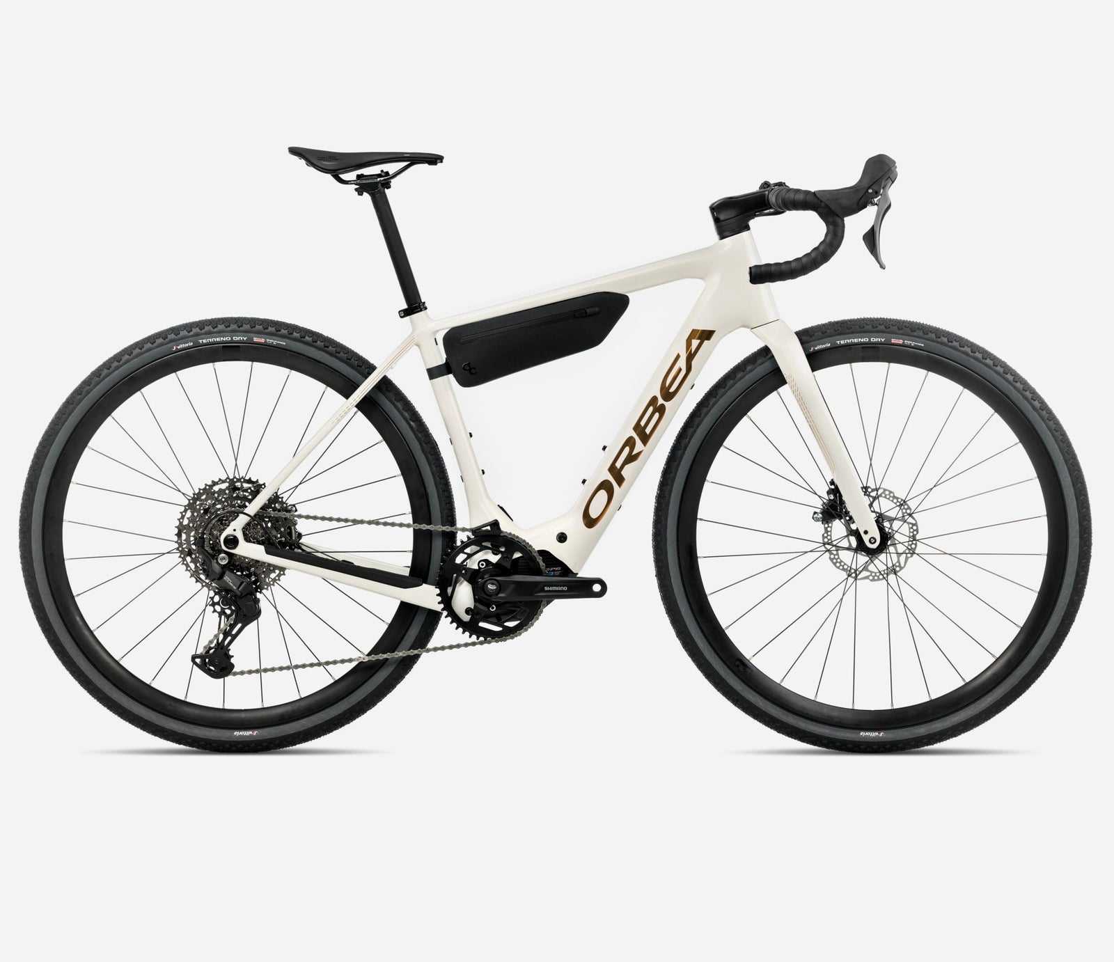 Orbea Denna H40 electric gravel bike in ivory white colour, bag on frame