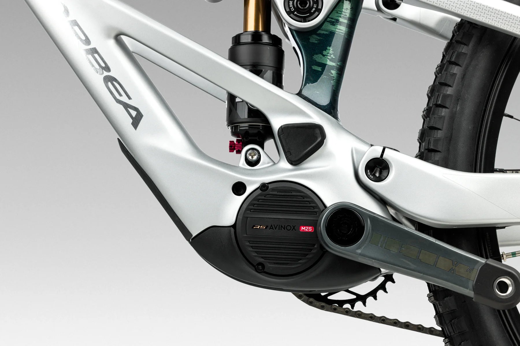 Close up of suspension fork on Orbea Wild LT and RS Avinox M2S motor