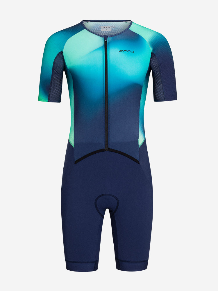 view of the front of the orca athlex aero race trisuit for men in blue and green with orca logo, zip front
