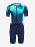 view of the front of the orca athlex aero race trisuit for men in blue and green with orca logo, zip front