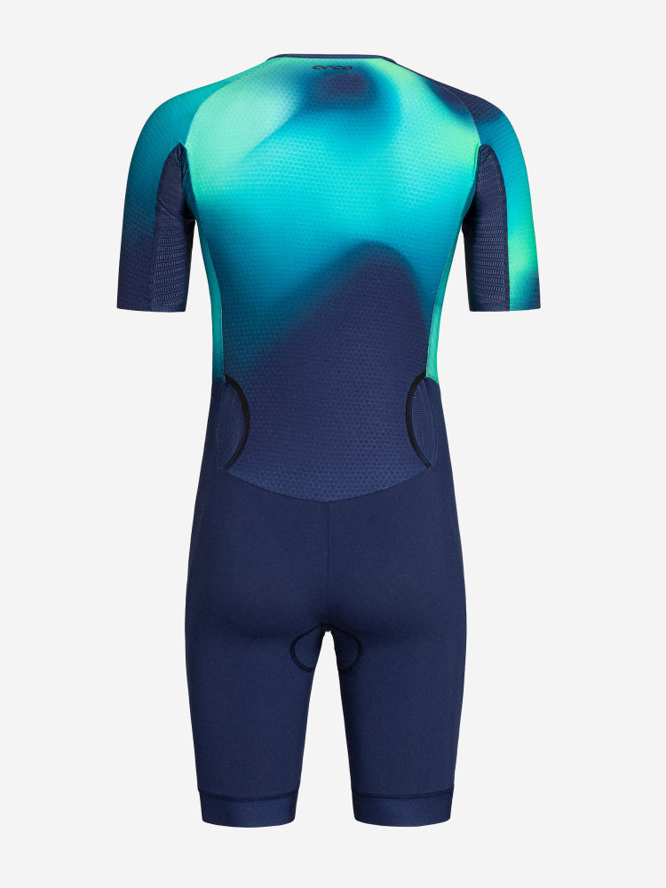view of the back of the orca athlex aero race trisuit for men in blue and green