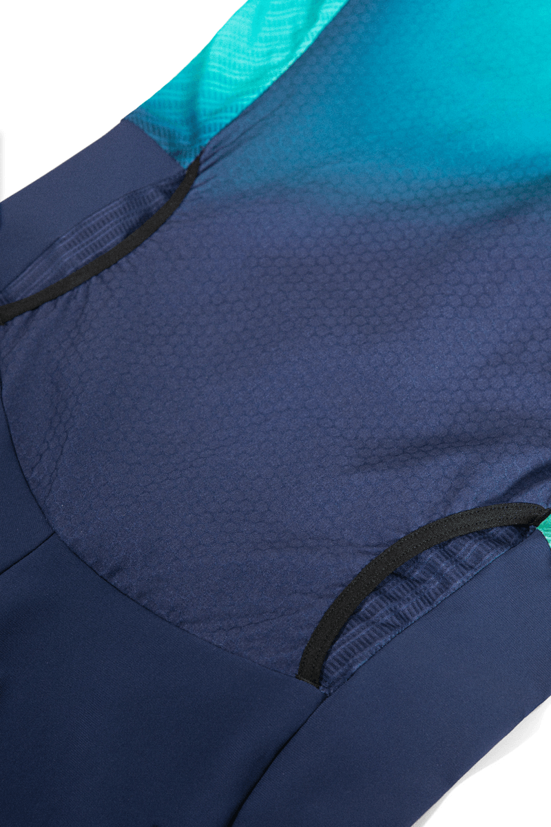 Close up of Orca Athlex Race Suit, Triathlon suit in navy and green for men