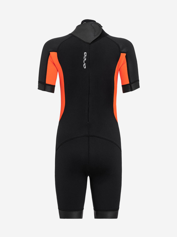 Black and orange orca vitalis squad shorty junior wetsuit with short sleeve and short legs back 