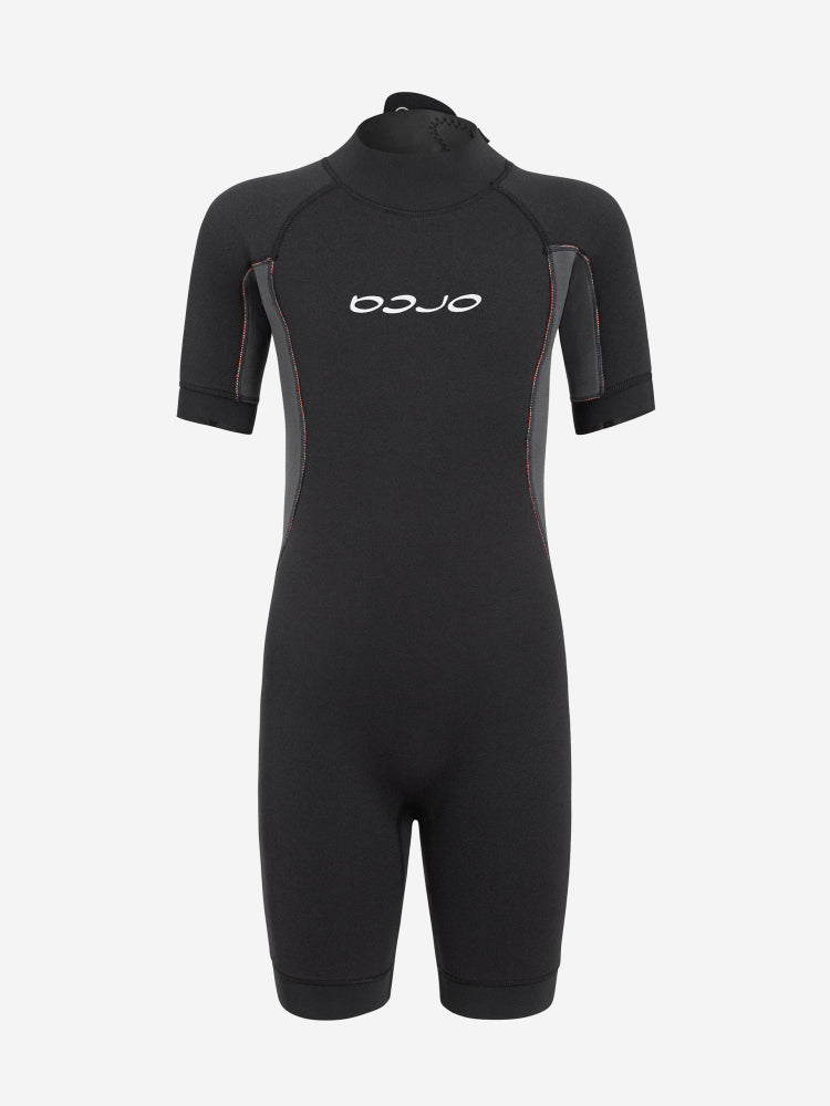 Black inside of orca vitalis squad shorty junior wetsuit with short sleeve and short legs