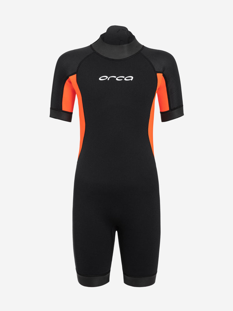 Black and orange orca vitalis squad shorty junior wetsuit with short sleeve and short legs front of wetsuit