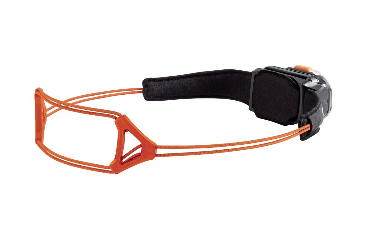 Petzl headtorch with reactive lighting , 1200 lumens in black and orange, inside view